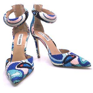 Steve Madden Ele Puff Blue Multi Ankle Strap Pumps Heels Size 8